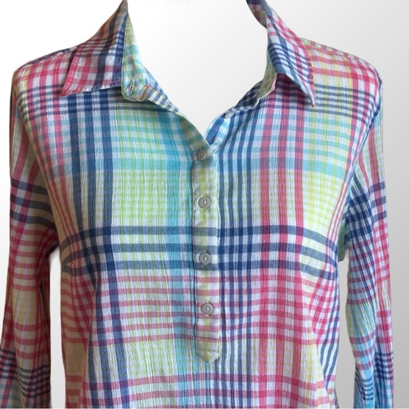 Talbots Top Size Medium Multi Color Gauzy Plaid Popover 1/2 Button Tab Sleeve - Picture 2 of 11